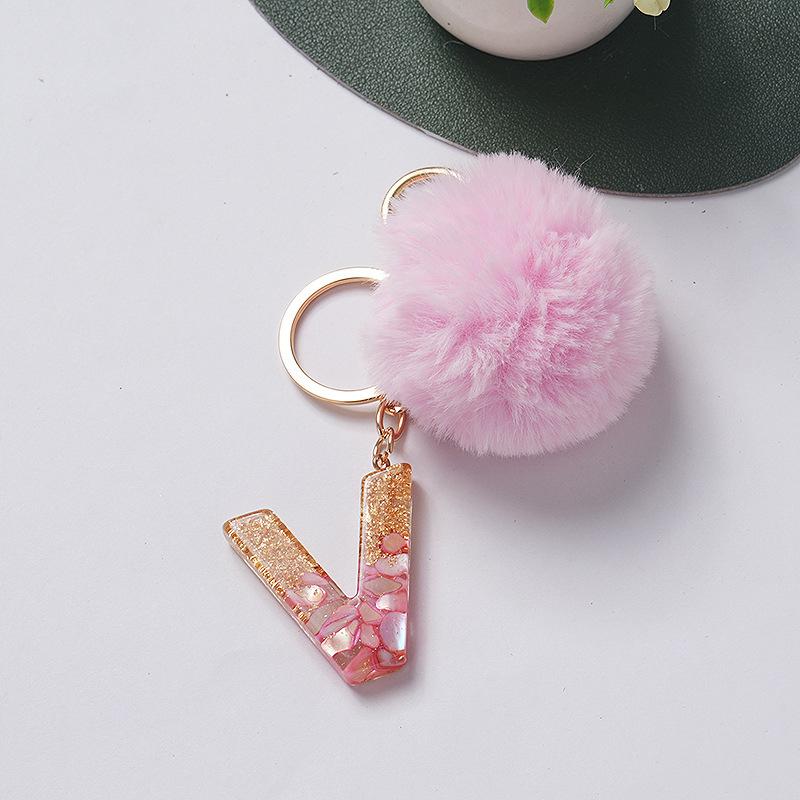 Niedlicher Schlüsselanhänger Rosa Pompom Fellkugel 26 Buchstaben Schlüsselanhänger Harz Schlüsselanhänger Handtaschenanhänger Für Frau Ornamente Accessoires Geschenk