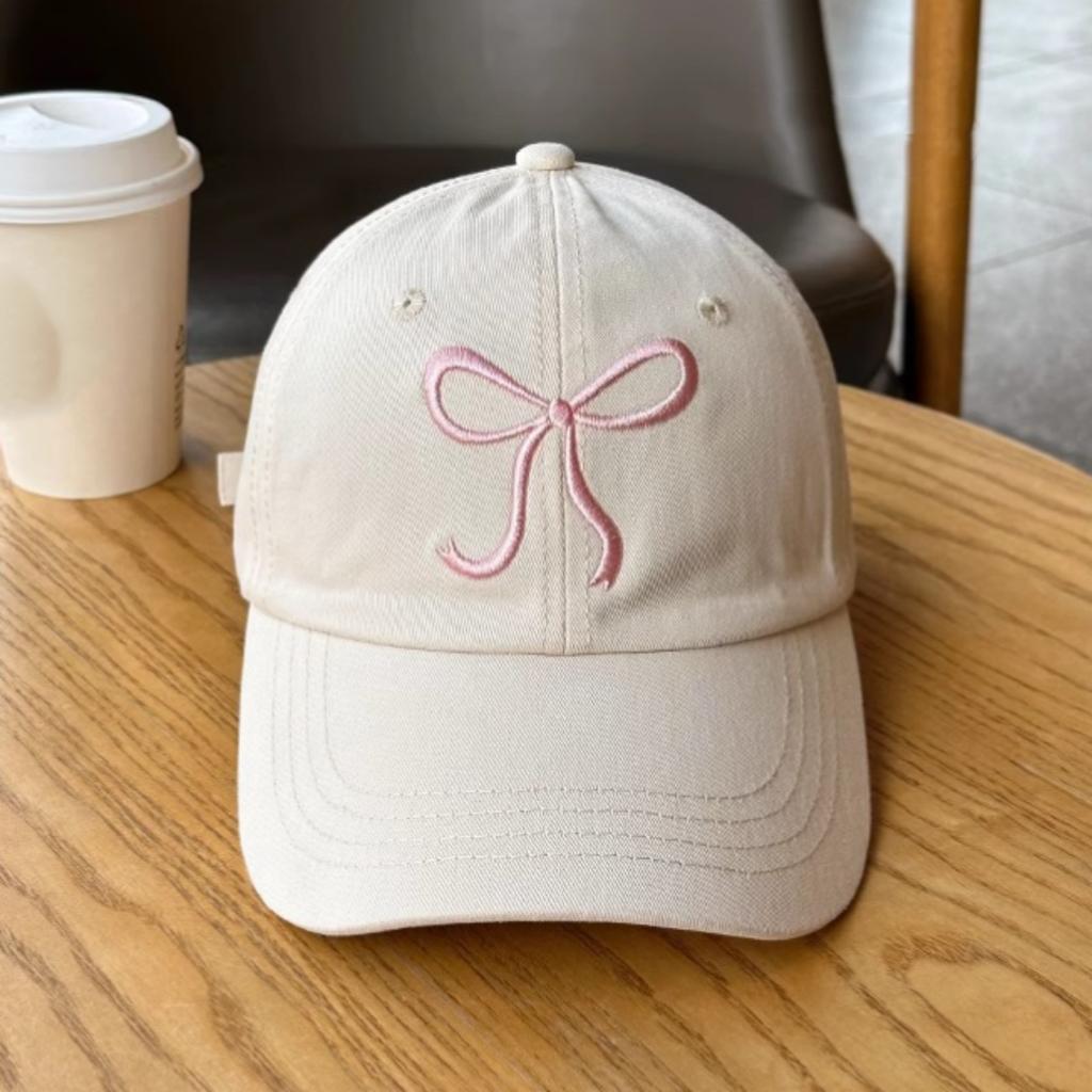 Baseball Cap Pink Embroidered Bow Design Sweet Cute Soft Top Adjustable Solid Color Fashion Baseball Cap for Women Girls