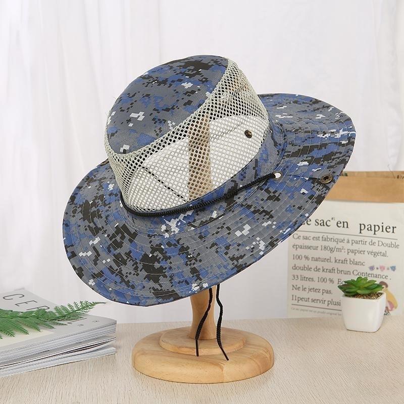 Men's Camo Mesh Sun Hat Wide Brim Breathable Bucket Hat UV Protection Outdoor Fishing Cap