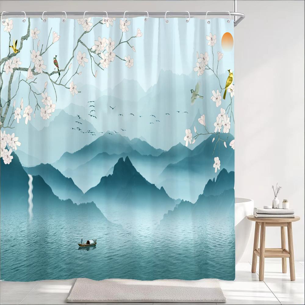 Japanese Wave Mount Fuji Plum Blossom Flower Printied Shower Curtain Waterproof Polyester Fabric Bathroom Curtains with 12 hooks