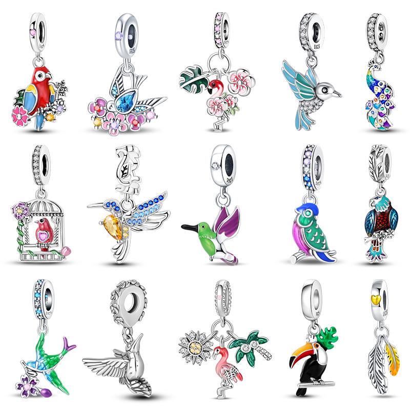 Copper Color Flamingos Feather Flowers Birds Charms Beads Fit Pandach Original Bracelets Fine Fashion Diy Jewelry Gift
