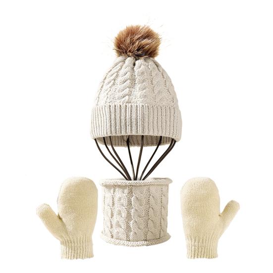 3Pcs/Set Kids Hat Scarf Glove Set Plush Ball Decor Twist Texture Thickened Warm Brimless Hat Long Scarf Touch Screen Gloves Set