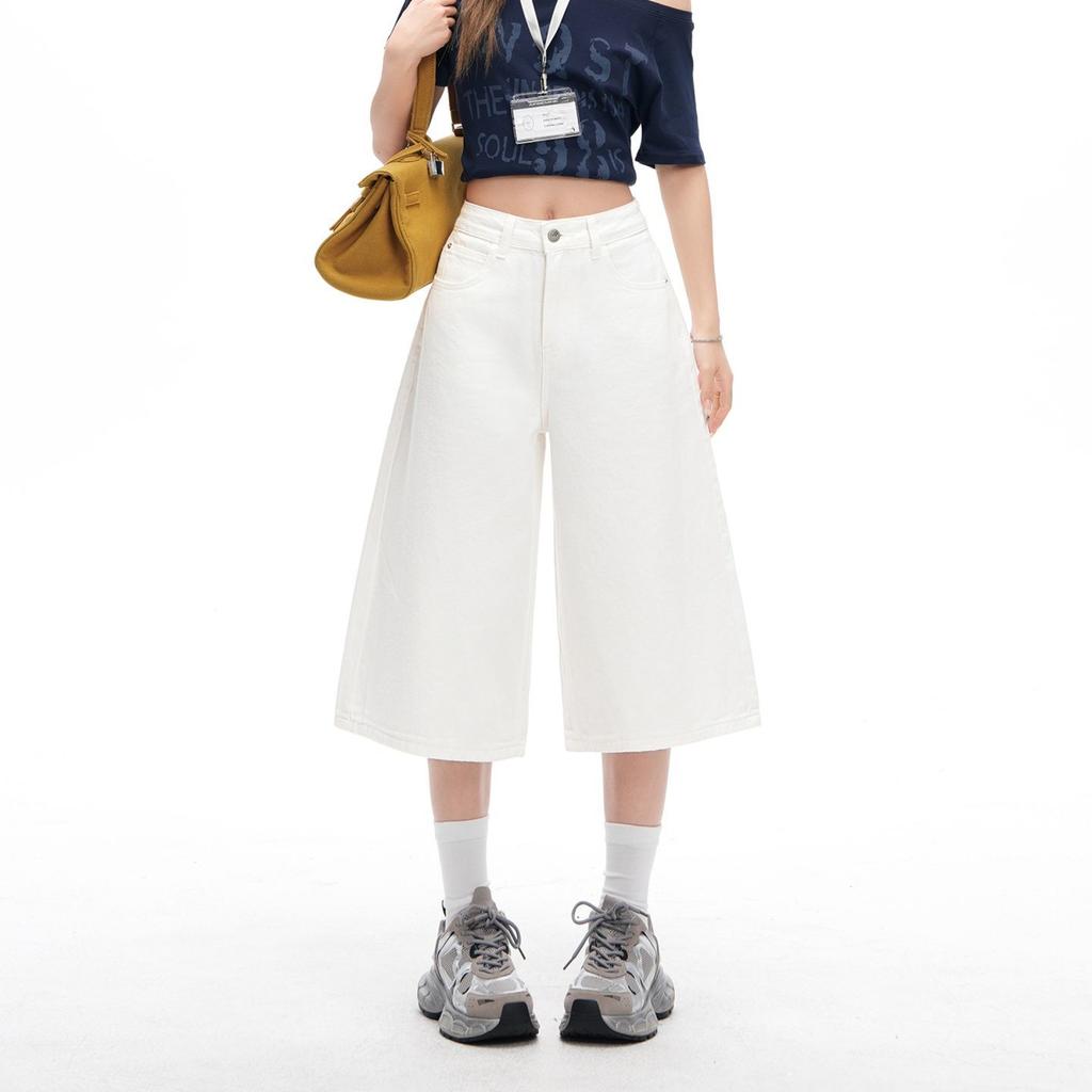 Fashion Dark Blue High Waist Casual Wide Leg Cropped Capri Denim Pants For Women Loose Straight Slimming FigureFlattering AllMatch Capri Trousers