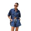Women's Denim Shirt and Shorts Two Piece Set Short Sleeve Loose Casual Spring Summer Outfit