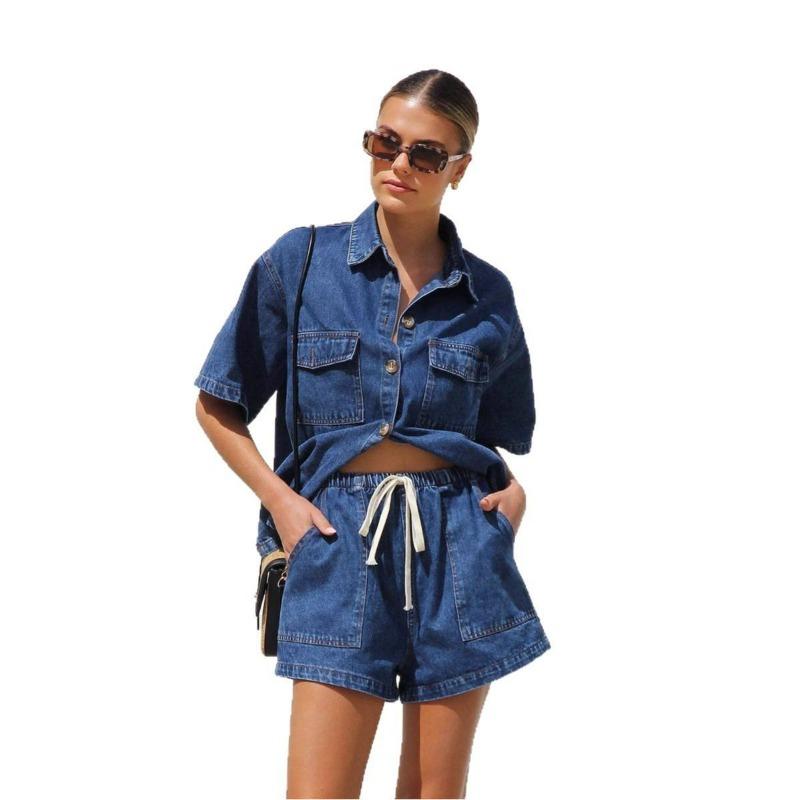 Women's Denim Shirt and Shorts Two Piece Set Short Sleeve Loose Casual Spring Summer Outfit