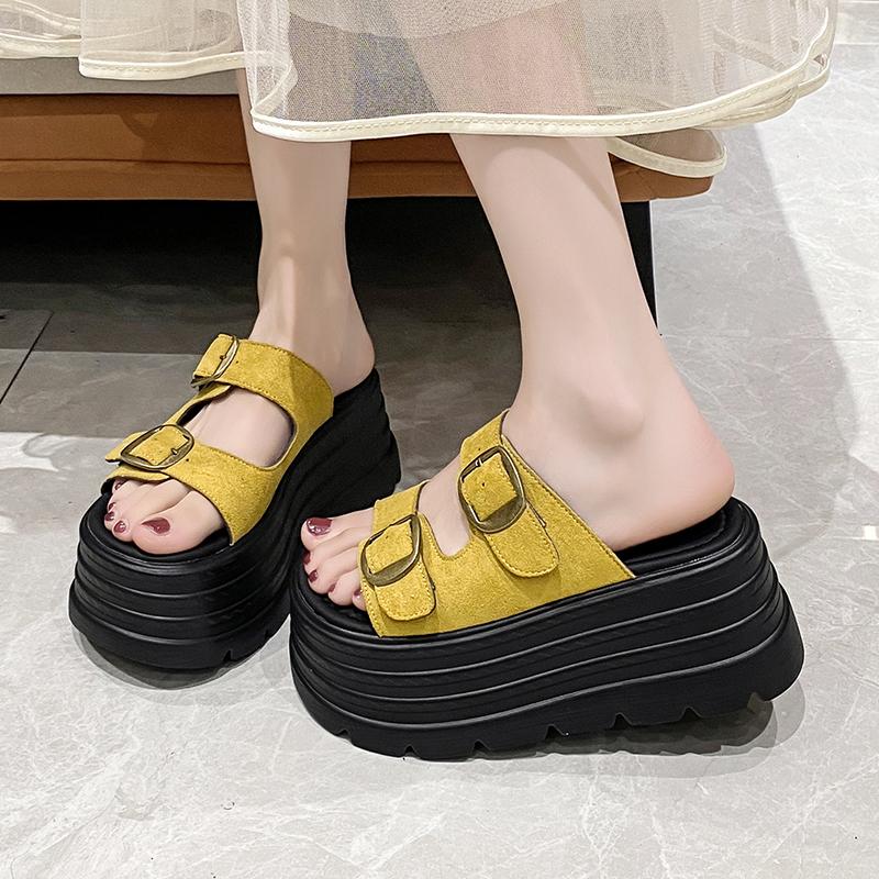 Fashion 8CM High Platform Slippers Women Summer Buckle Fashion 2025 New Increase Heels Sandals Muffin Flip-flops Heels Beach Shoes