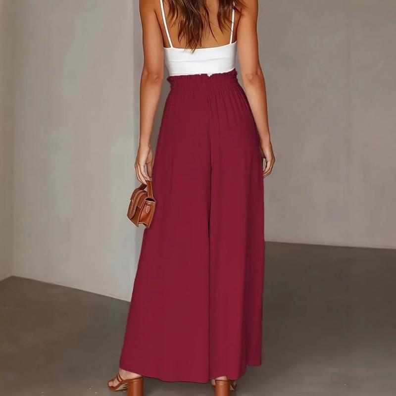 Womens High Waist Wide Leg Pants Loose Fit Stretchy Casual Trousers 2026 Wine Red