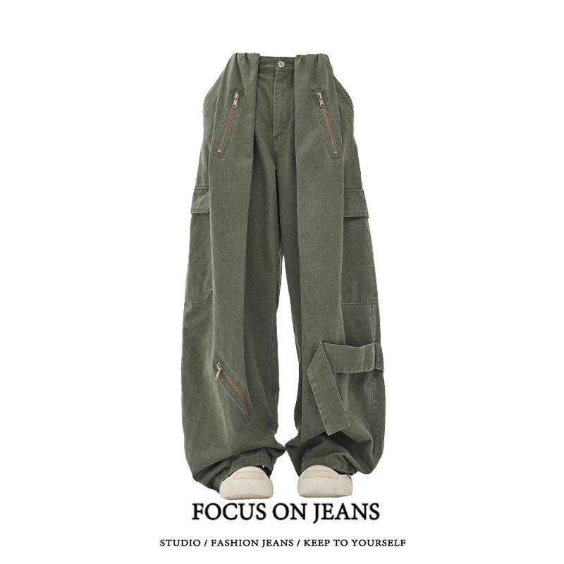 

Женские военные зеленые ретро брюки карго парашюты с широкими штанинами и высокой талией S зелёный