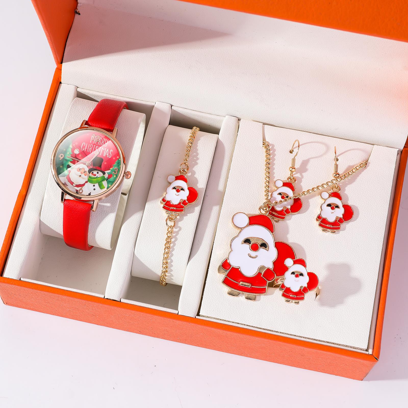

No gift box Simple cartoon Christmas new autumn and winter leather belt watch Santa Claus ornament 5 pieces set красный