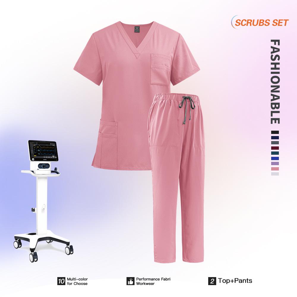 Unisex V-Neck Medical Work Scrub Suit with Pockets and Straight-Leg Pants