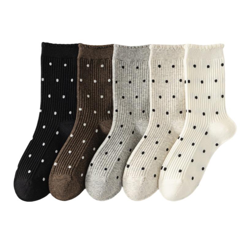 Lace Socks, Women's Long Socks, Polka Dot Black Ear-trimmed Cotton Socks, Autumn and Winter Sports Pile Socks, Versatile Boneless Mid-calf Socks