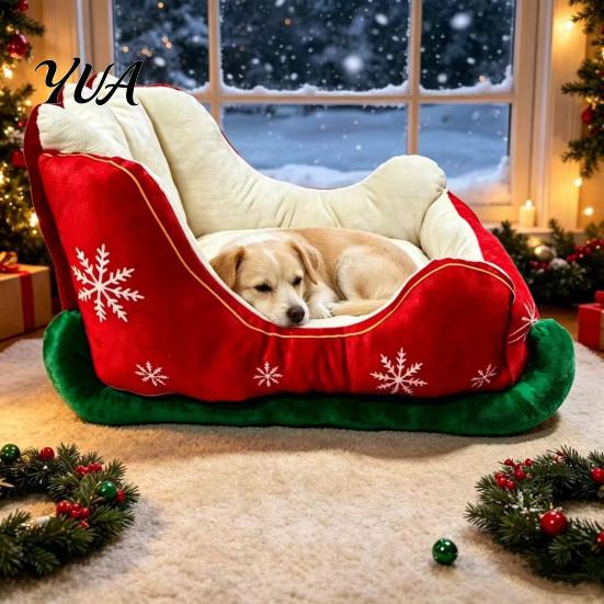Soft Cotton Cat Bed Christmas Sleigh Shaped Pet Bed, Cozy Holiday Dog Sofa Anti?Slip Base Decorative Cushion, Washable Sleeping for Small