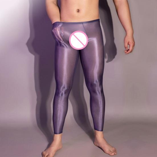 Pánské sexy dlouhé kalhoty průhledné olejově lesklé ultratenké strečové legíny lesklé ledové Silky Comfort úzké kalhoty