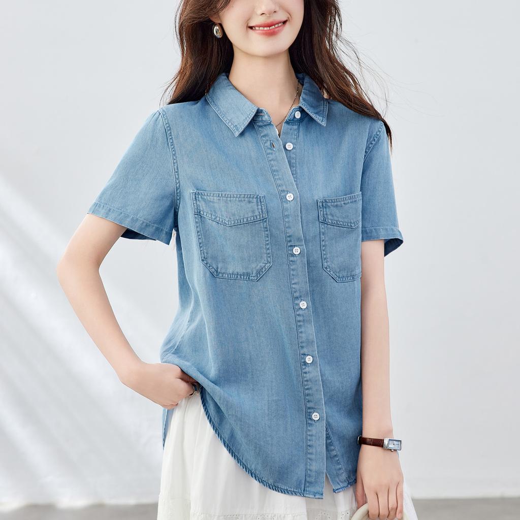 Tennis Sun Protection Short-sleeved Denim Shirt for Women In Summer New Commuting Korean Style Design Top