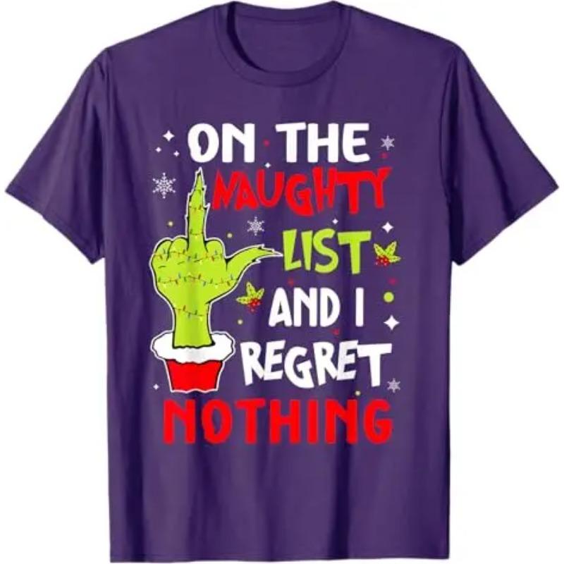 Cotton Tops Funny on The List of Naughty and I Regret Nothing Christmas T-Shirt Humorous Santa Claus Xmas Costume Letters Printed Saying Tee