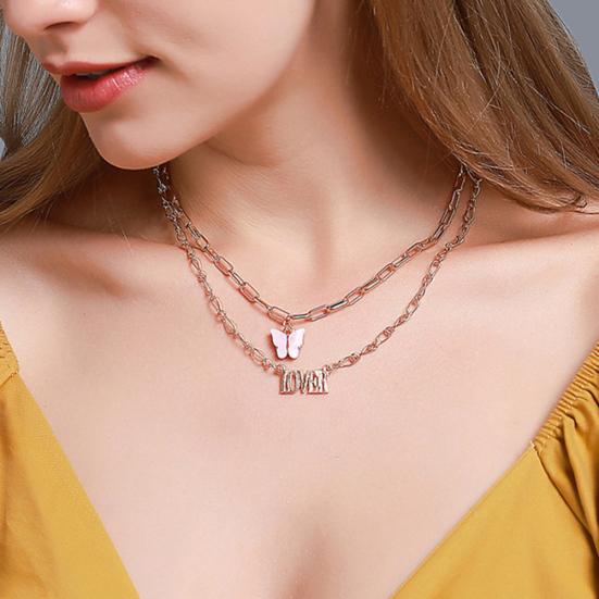 Doppelschichtige Acryl-Schmetterlings-Halskette, Buchstabe-Engel-Anhänger, langer Kettenschmuck