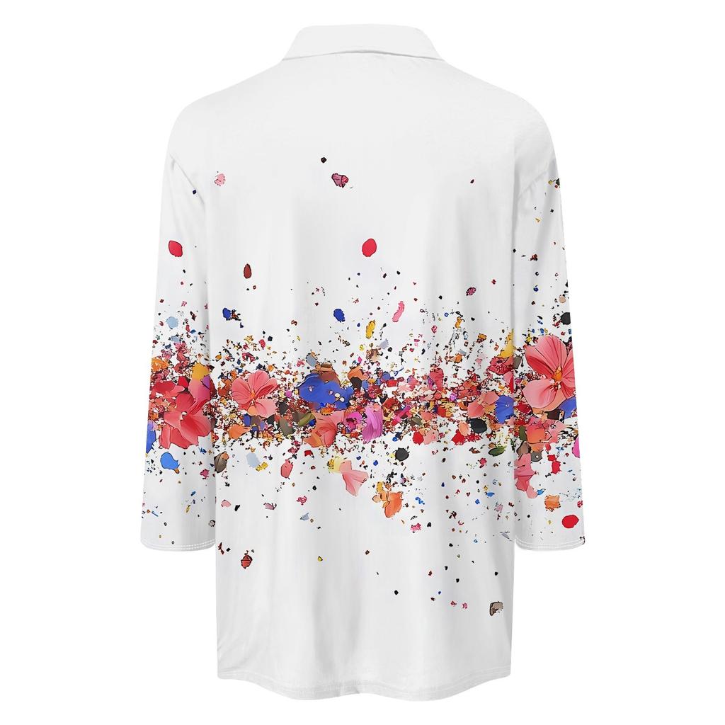 Women's Fashion Casual Lapel 3/4 Sleeve Printed Shirt Women's V Neck  Up Tops