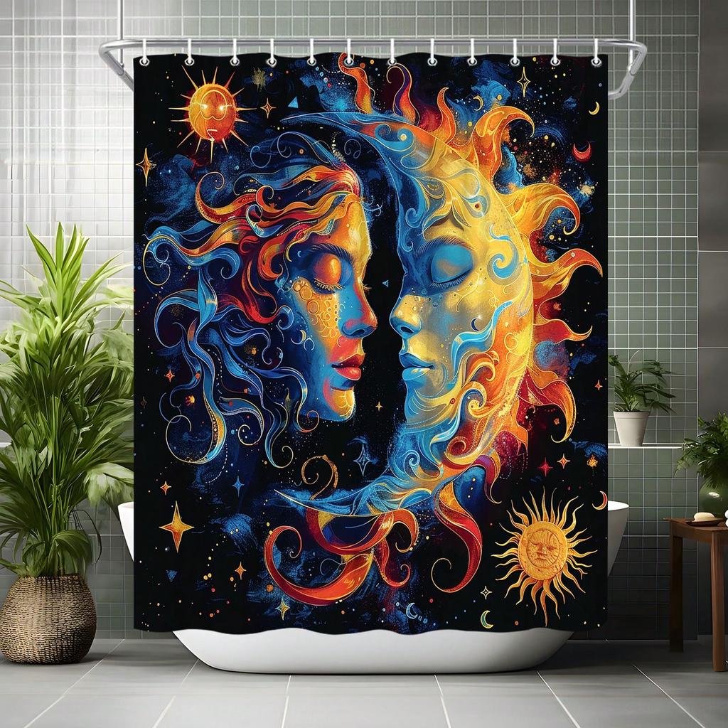Boho Mid Century Shower Curtain Celestial Sun Moon Love Stars Fantasy Galaxy Shower Curtains Hippie Cool Colorful With 12 Hoo
