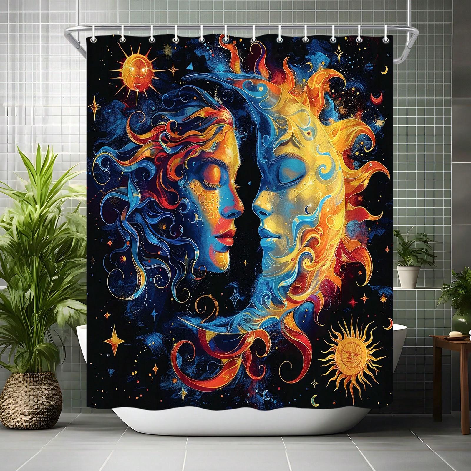 

Boho Mid Century Shower Curtain Celestial Sun Moon Love Stars Fantasy Galaxy Shower Curtains Hippie Cool Colorful With 12 Hoo 90x180cm