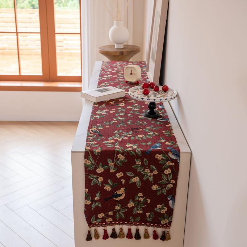 Tassels Retro Table Runner,Jacquard Jujube Red Oriole Pattern Table Decor, Floral Table Decoration for Christmas Kitchen Dining Home Party Festival