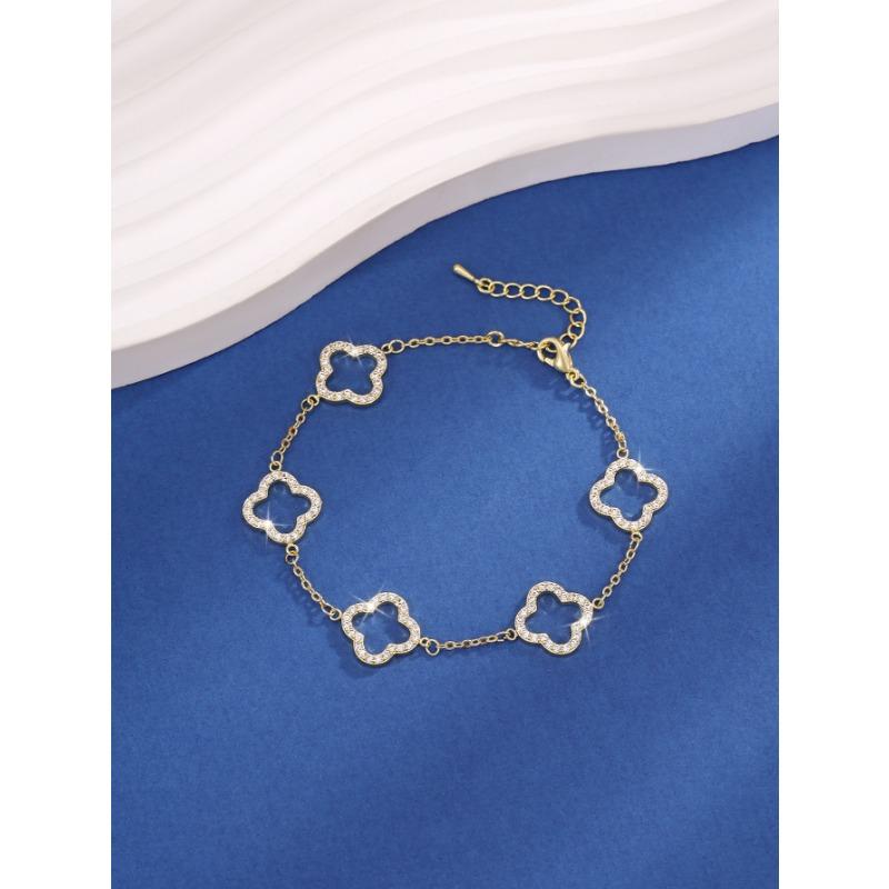 Simple Lucky Four Leaf Clover Bracelet Women Elegant Sparkling Zircon Jewelry золотой