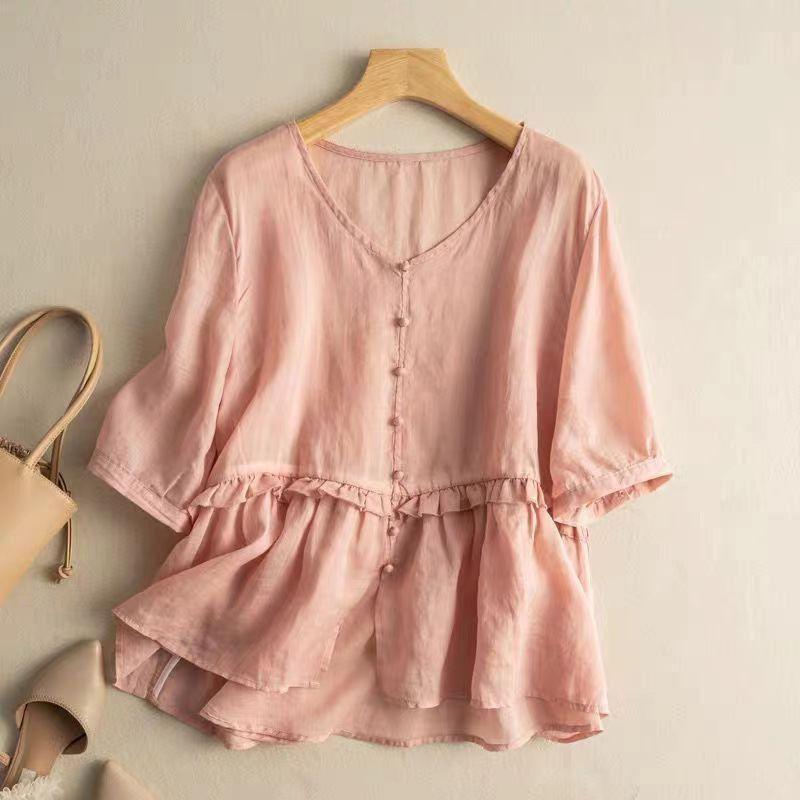 Japanese Cotton Linen Short-sleeved Shirt for Women Loose and Slim Temperament V-neck Doll Shirt Top