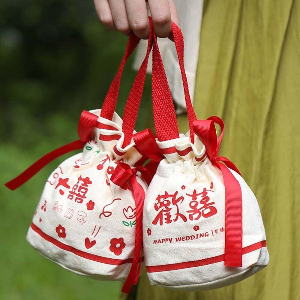Letter Canvas Drawstring Bag Floral Bowknot Handbag Elegant Festive Sugar Bag Party