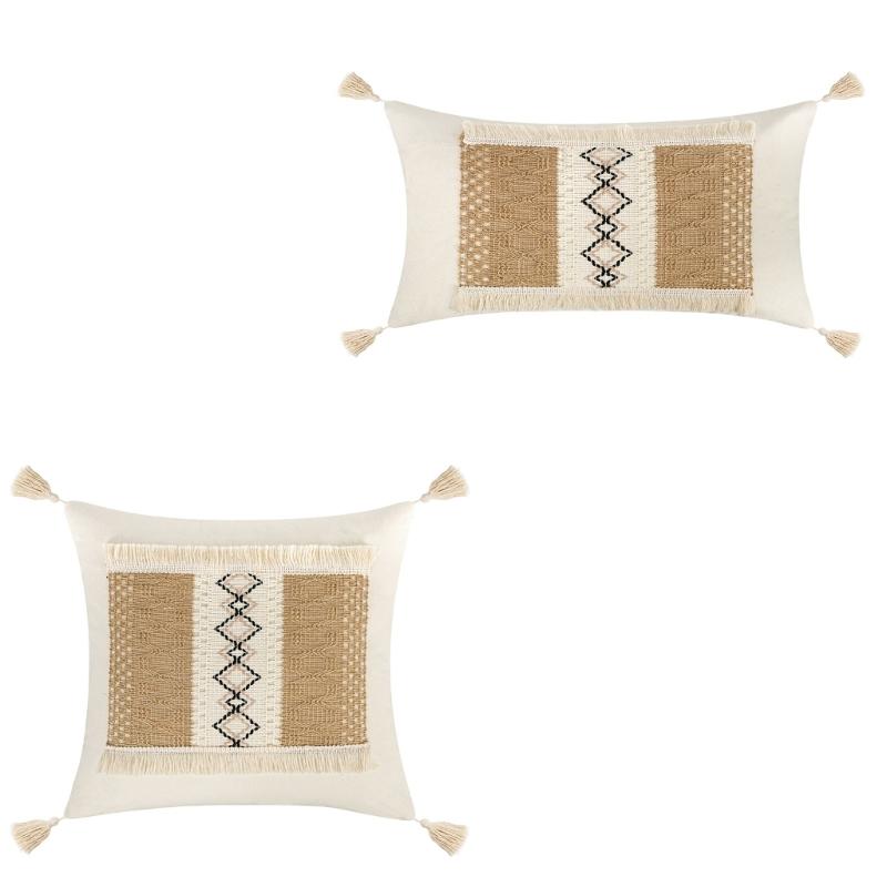 Tassels Throw Pillow Cover with Geometric Woven Texture, Neutral Farmhouse Cushion Cover for Living Room Bed Accent Decors