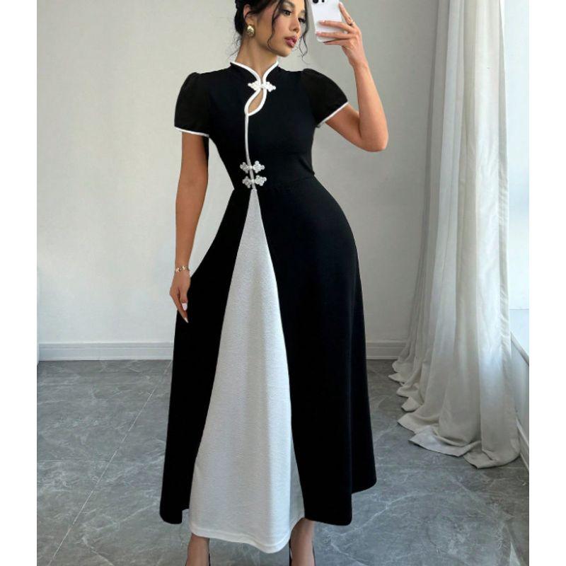 

European and American Women Elegant Bubble Color Matching Button Sleeve Retro Stand Collar Design Sense New Chinese Style Dress Black S