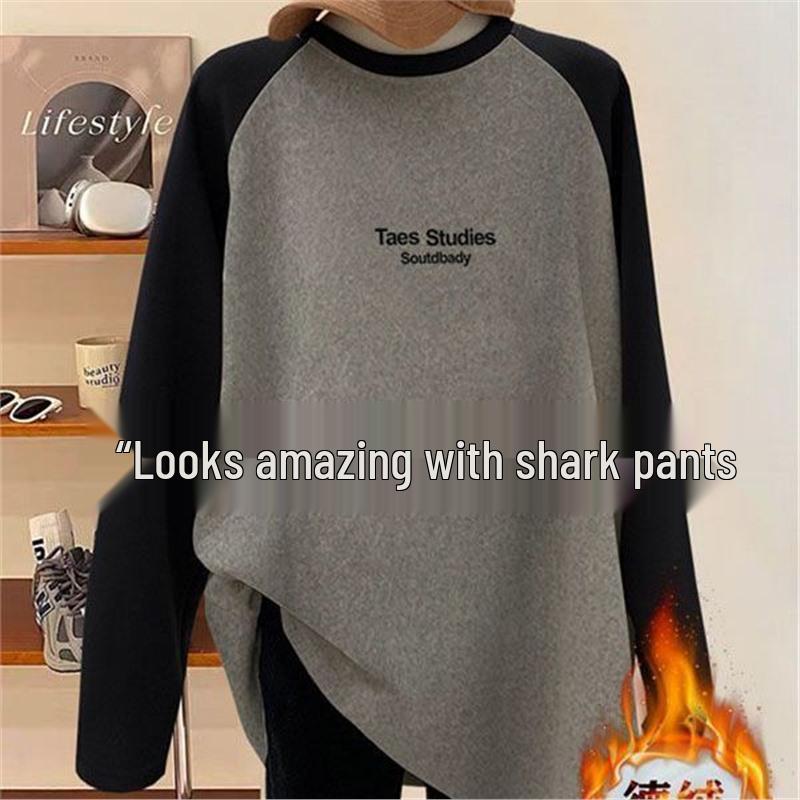 

Женская модная футболка с длинным рукавом и цветными блоками, с начесом, с брюками-акула - средней длины, утолщенная базовая футболка 2XL for 73-80 kg