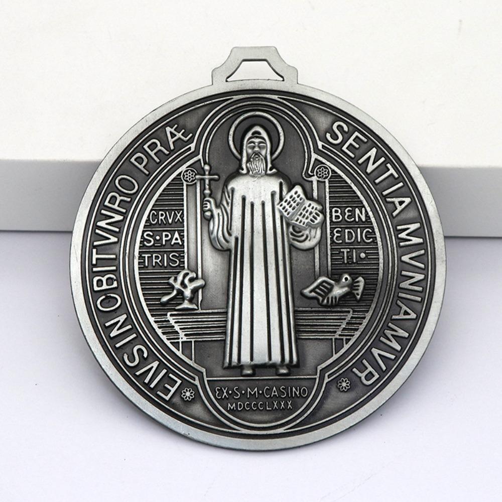 5 Inch Saint Benito Medal Extra Large Zinc Alloy Saint Benedict Round Prize Home Decor Pendant Vintage Brass 5 Inch
