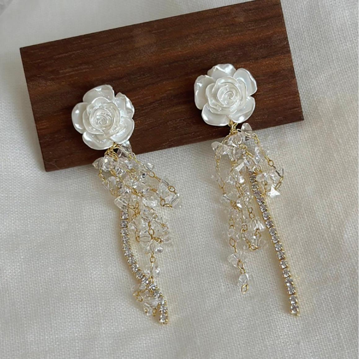 Elegant French White Camellia Tassel Earrings with S925 Silver Needle.