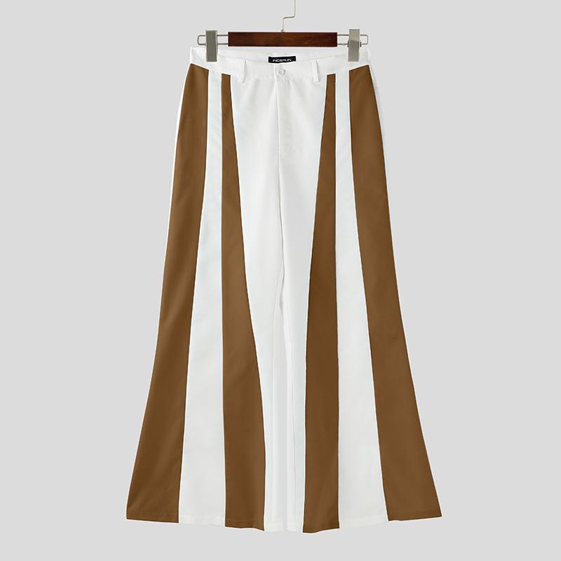 INCERUN S-5XL Men Casual Zip-up Waist Striped Long Flare Pants Trousers