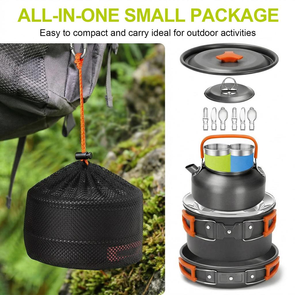 Camping Cookware Set 11pcs Mess Kit, Aluminum Non-Stick Pot and Pan Set, Backpacking Cookware