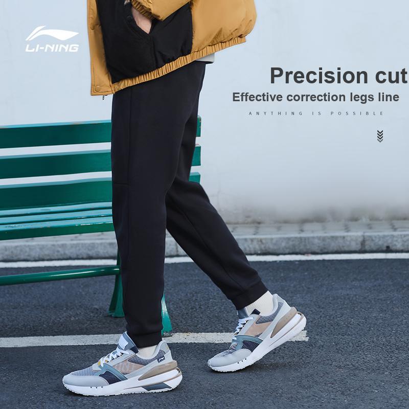 Li Ning Fitness Series Logo Print Fleece Lined Comfortable Knitted Sports Pants Men Bottoms Black AKLTC13