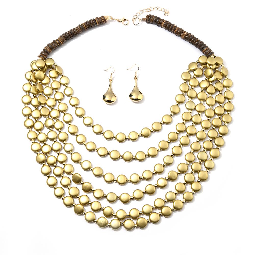 2026 Trend Multi Layer Round Wood Disc Handmade Beaded Statement Necklace Earrings Set For Women Party Jewelry Accessories