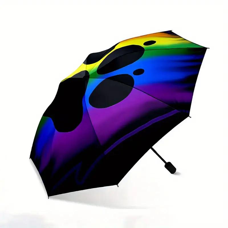 Automatic Open/Close Umbrella with Rainbow Paw Print Design - 8-Rib Windproof Folding Umbrella, Portable Compact Rain Umbrella