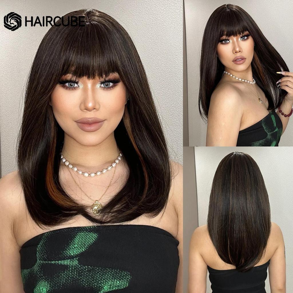 HAIRCUBE Černohnědá Smíšená blondýnka Syntetické paruky pro ženy Dlouhé rovné hnědé paruky s ofinou Párty Denně Umělé vlasy