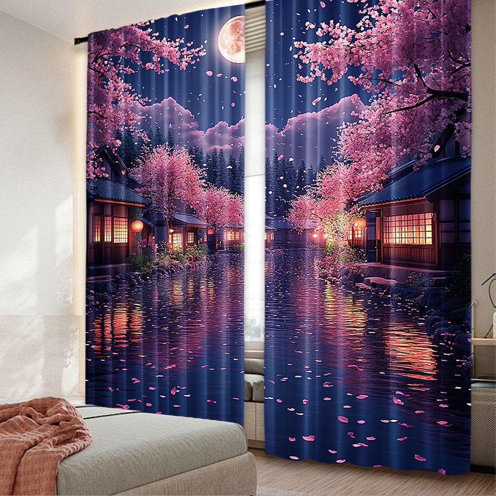 

2 шт. Занавеска с цветущей сакурой Занавеска в японском стиле Романтический пейзаж лунной ночи Розовый Голубой Для спальни Гостиной Столовой 29x65in(75x166cm)