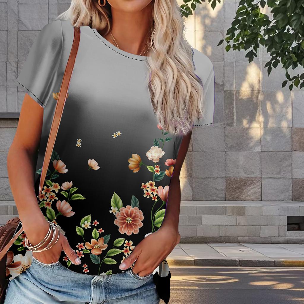 Damen Sommer T-Shirt Blumendruck Retro Mode Kurzarm T-Shirts Casual Printed Tops