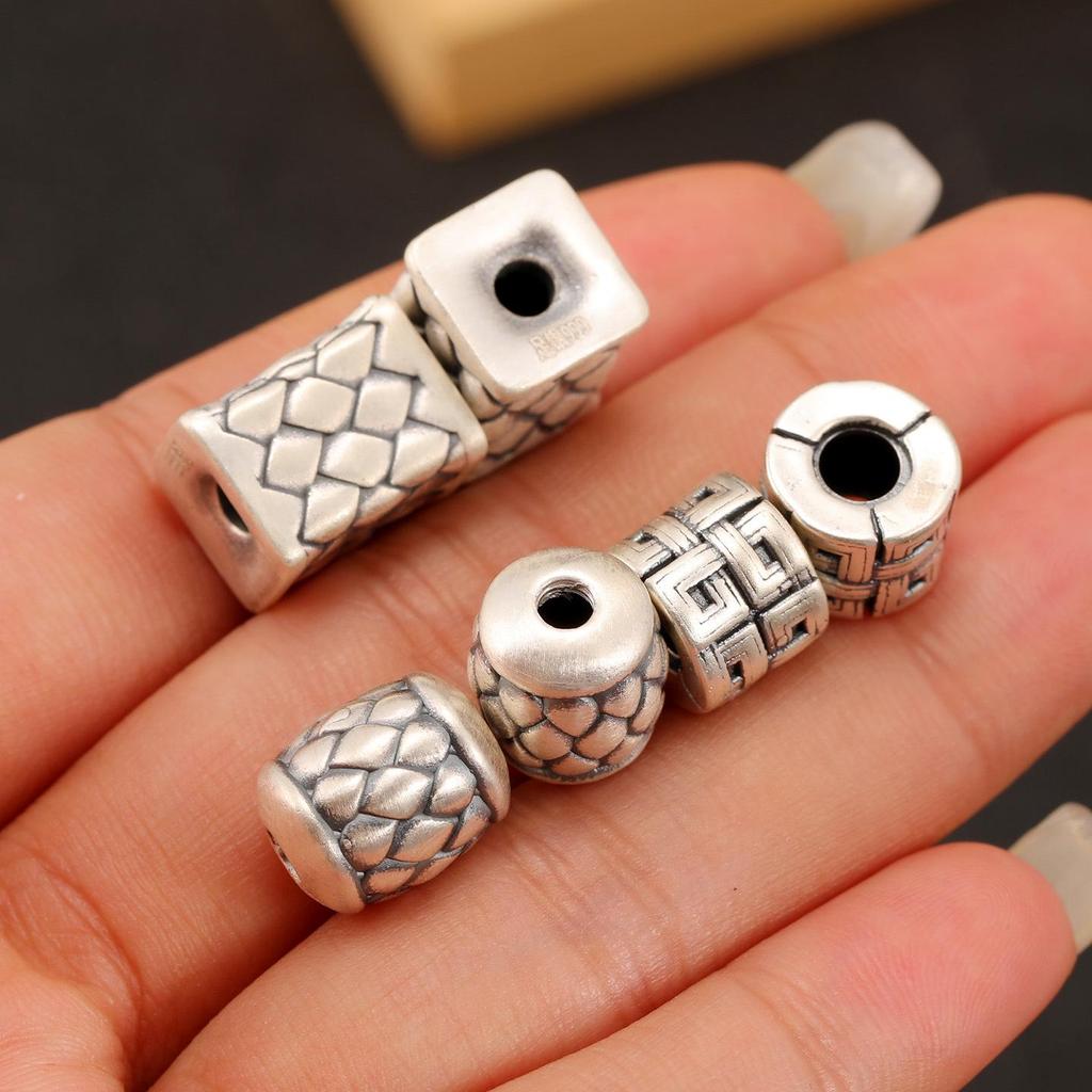 S999 Sterling Silver Woven Square and Barrel Spacer Beads - Retro Lu Lu Tong DIY Braiding Accessories