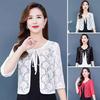 Women Fall Spring Coat Lace-up Floral Embroidery Solid Color Shawl Three Quarter Sleeves Loose Hollow Out Lace Round Neck Short
