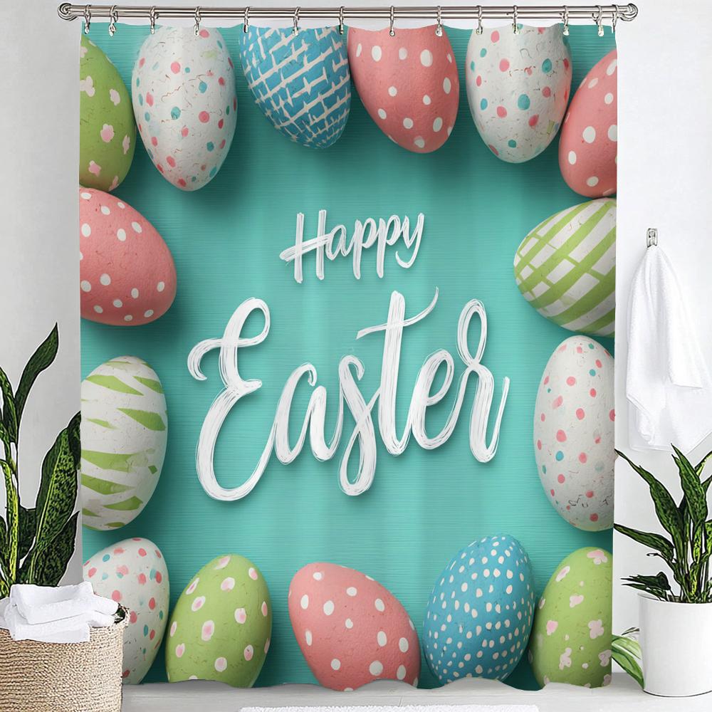 Happy Easter Shower Curtain,Egg and Rabbit Cartoon Printed Polyester Fabric Decorative Bathroom Curtain, Home Curtain with Hooks