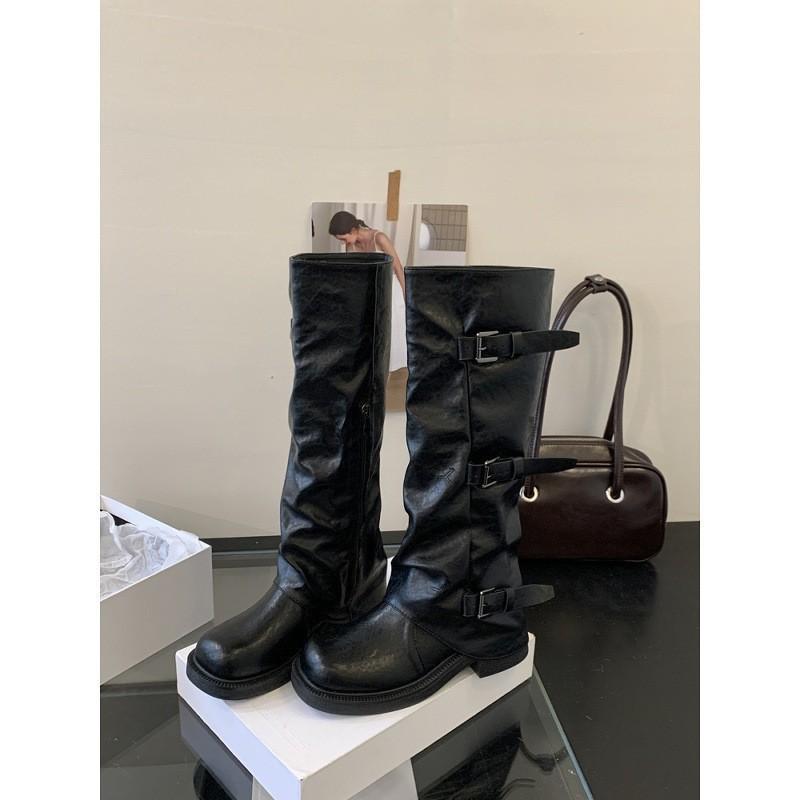 

French thick-soled thick-heeled belt buckle pleated boots 2025 new sweet and cool babes stacked pants tube boots knight boots 35