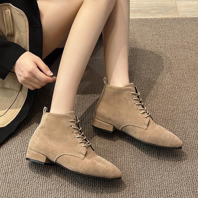 Large size women's boots 2025 autumn and winter British style small short boots solid color suede pointed lace-up thick heel large size boots