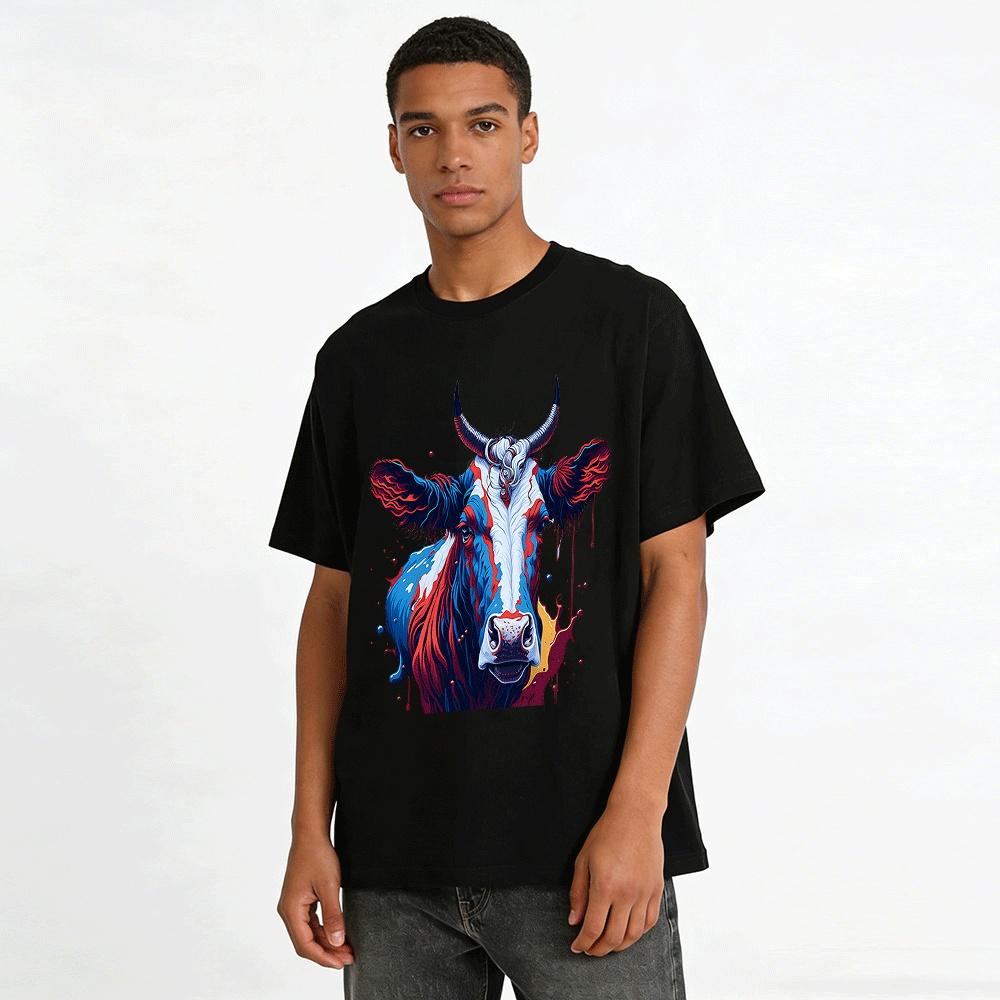 American Cool Splash Ink Bull Print Short Sleeve Street Style Top Pure cotton T-shirt