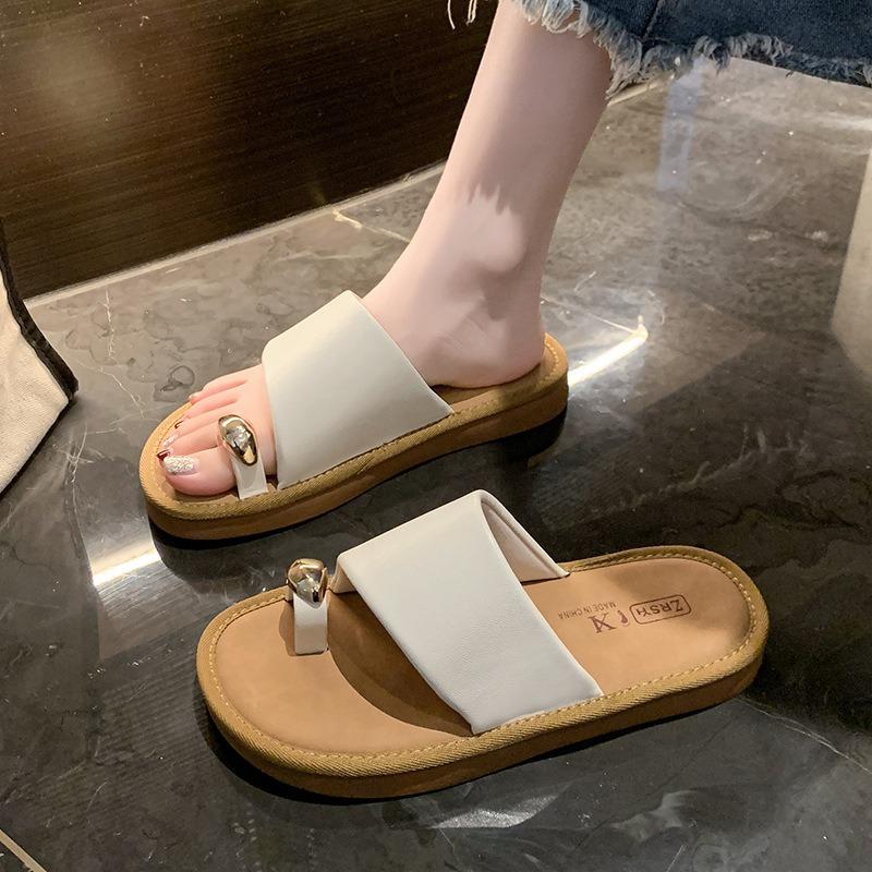 New one-pedal toe slippers women's summer wear metal buckle versatile flat bottom one-word cool slippers