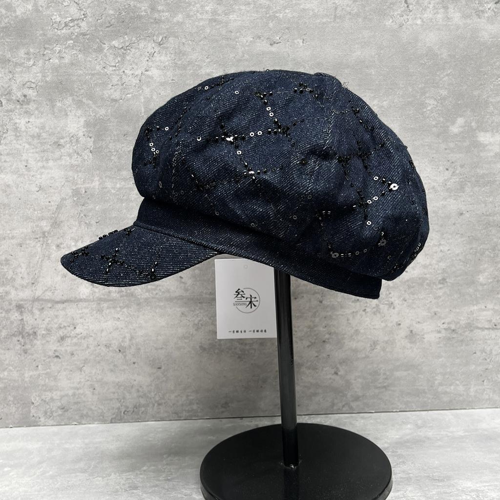 25 Stylish Small V-Face High Quality Plaid Sequins Washed Denim Octagonal Hat Women'S Street Beret