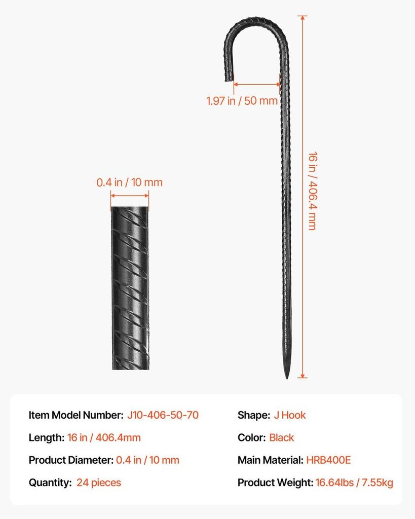 16-Inch 24 Pack Rebar Stakes Heavy Duty J Hook Galvanized Ground Anchors