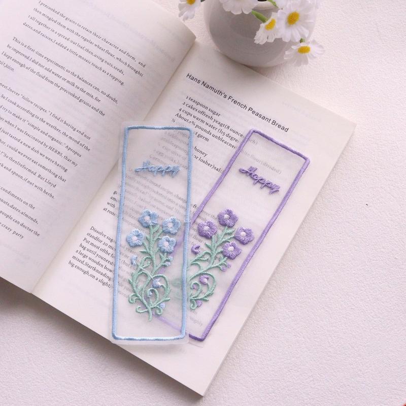 1Pcs Floral Embroidery Rectangular Bookmarks Creative Transparent Organza Bookmarks Office School Supplies Cute Student Gift